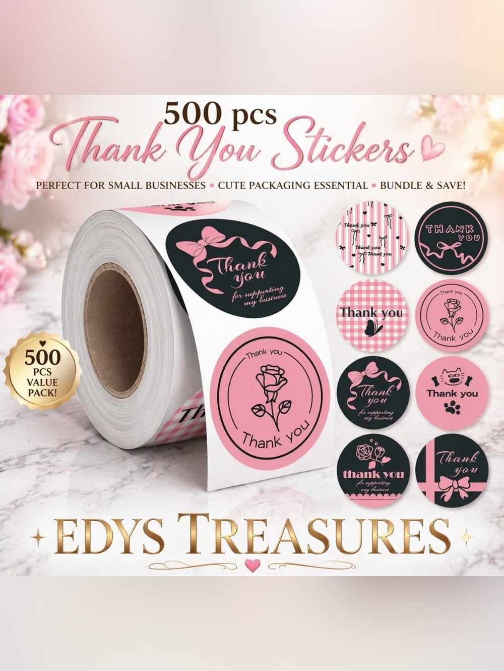 500 pcs Thank You Stickers Roll Pink Black Cute Packaging Labels